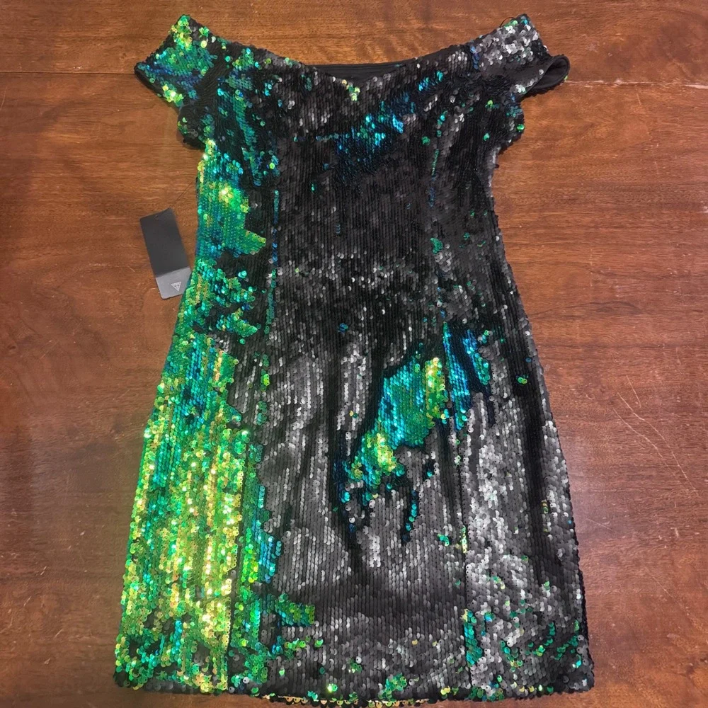 Guess Sequin Off Shoulder Mini Dress Black Green Teal Sz S NWT Holiday Mermaid